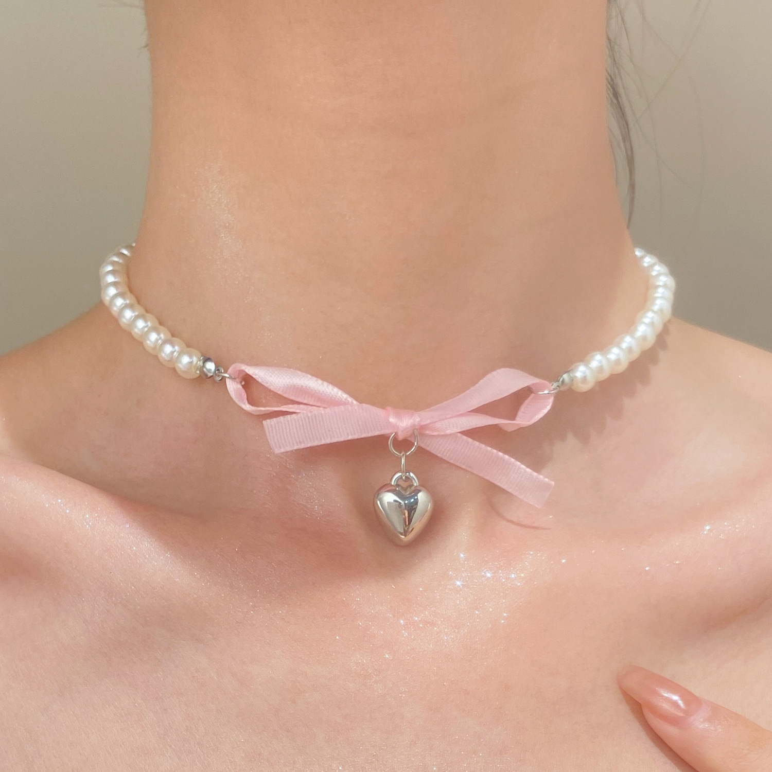 Pearl Trim Chain - Francese Romantico Rosa Bowknot Cuore Ciondolo